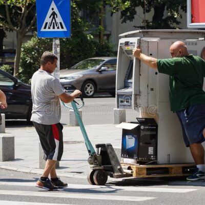 atm-banking-bucharest-romania-july-three-men-carrying-pallet-jack-crosswalk-calea-victoriei-243476482