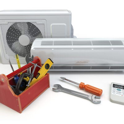 Air conditioner with toolbox and tools. Repair of air-conditioner concept. 3d